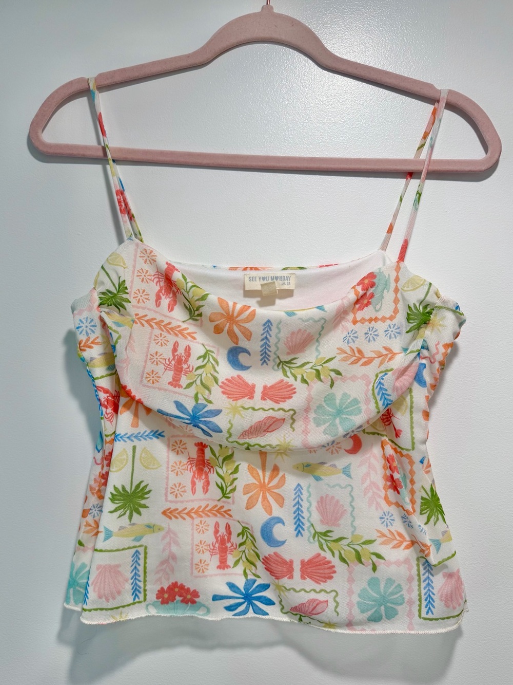 See You Monday White Multicolor Floral & Shell Cowl Neck Cami
